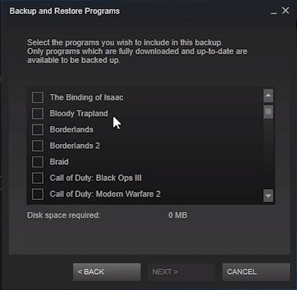 Select games to backup.