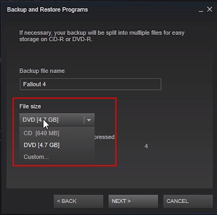 Select files size of your games.