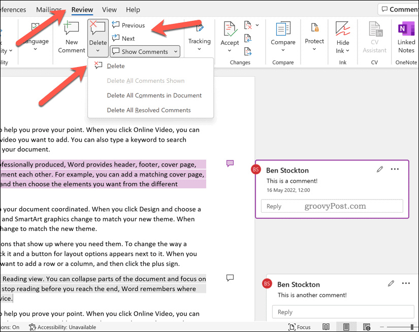 how to remove comments and accept all changes in word